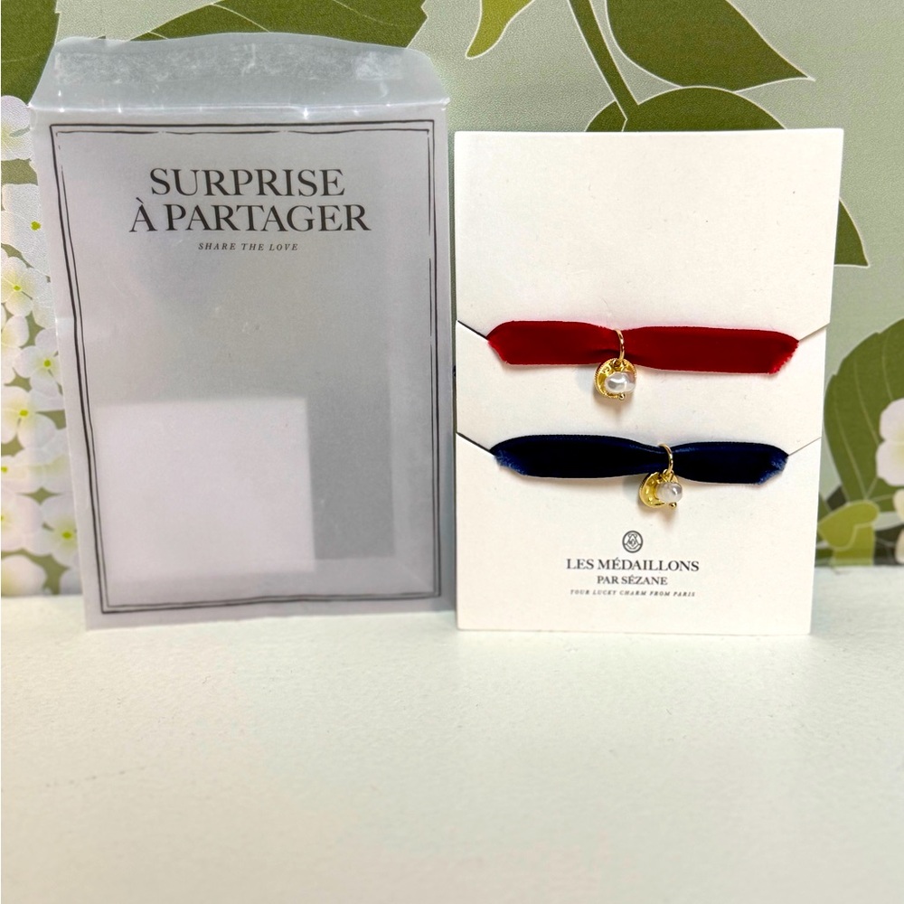 NWT Sezane tie bracelets in red and blue velvet
